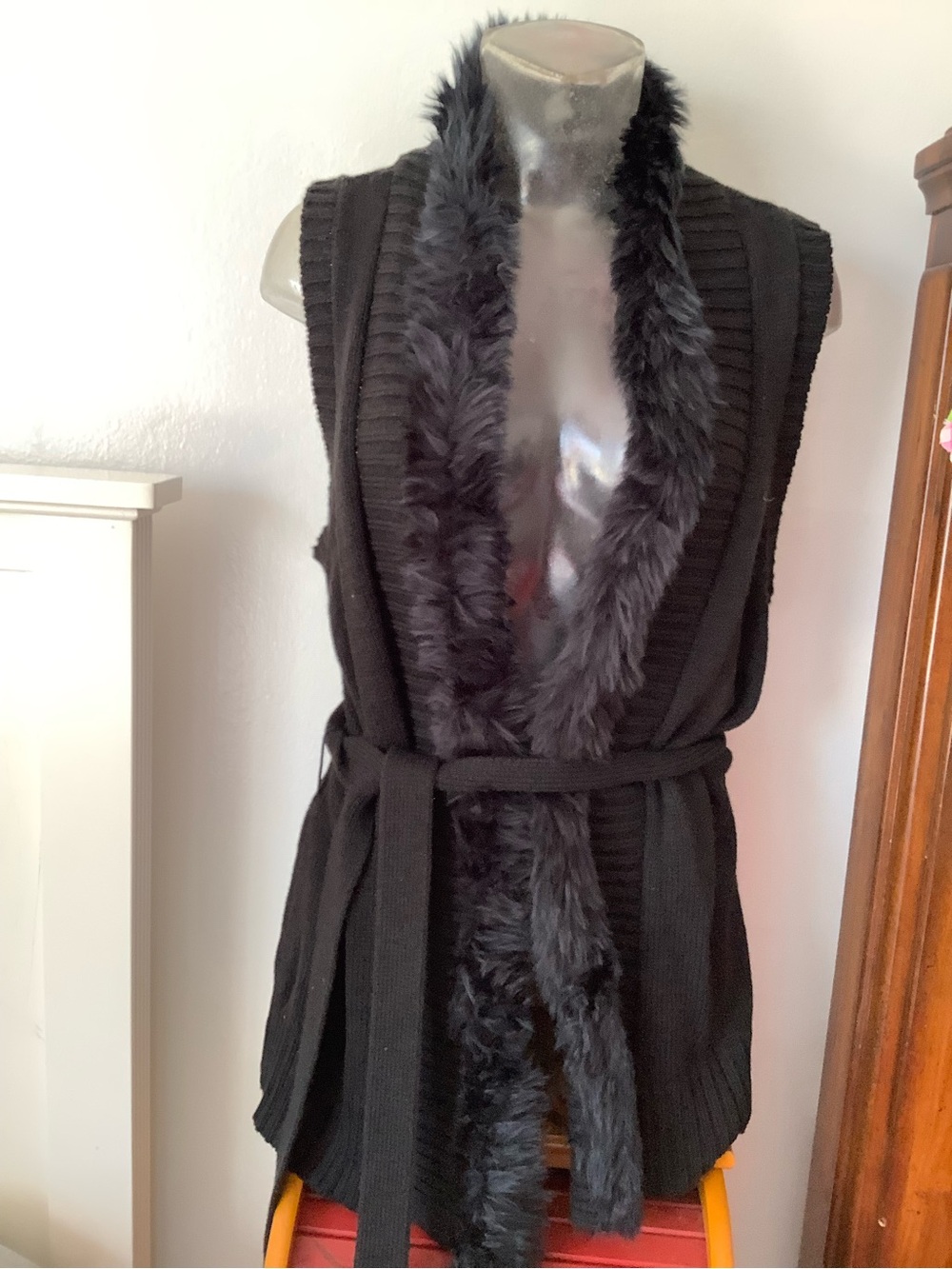 Charter Club Black Faux Fur-Trim Knit Wrap Vest